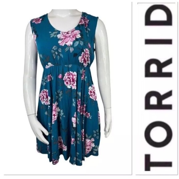 Torrid Boho Teal Floral Mini Challis Dress Sweetheart Neck Elastic Waist Plus Sz - Picture 2 of 13